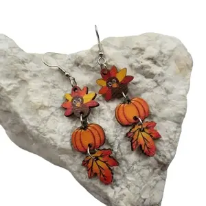 Fall Wooden Earrings - Turkey, Pumpkin, and Maple Leaf Design - 1.8CM * 7CM - Wood Material - Jewelry