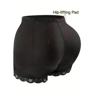 SnugSpot Extreme Front-Closure Mid-Waist Hip-Lifting Lace-Hem Buttock-Pad Bodysuit Shaping Boxer Shorts — Full-Body Tummy Control Shapewear for Women (Spandex)