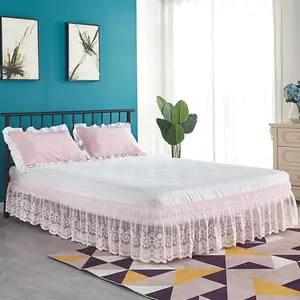 Wrap Around Ruffled Lace Bed Skirt 15 Inch Drop, Elastic Dust Ruffle Full Size Bed, 3 Side Dorm Bed Frame Cover