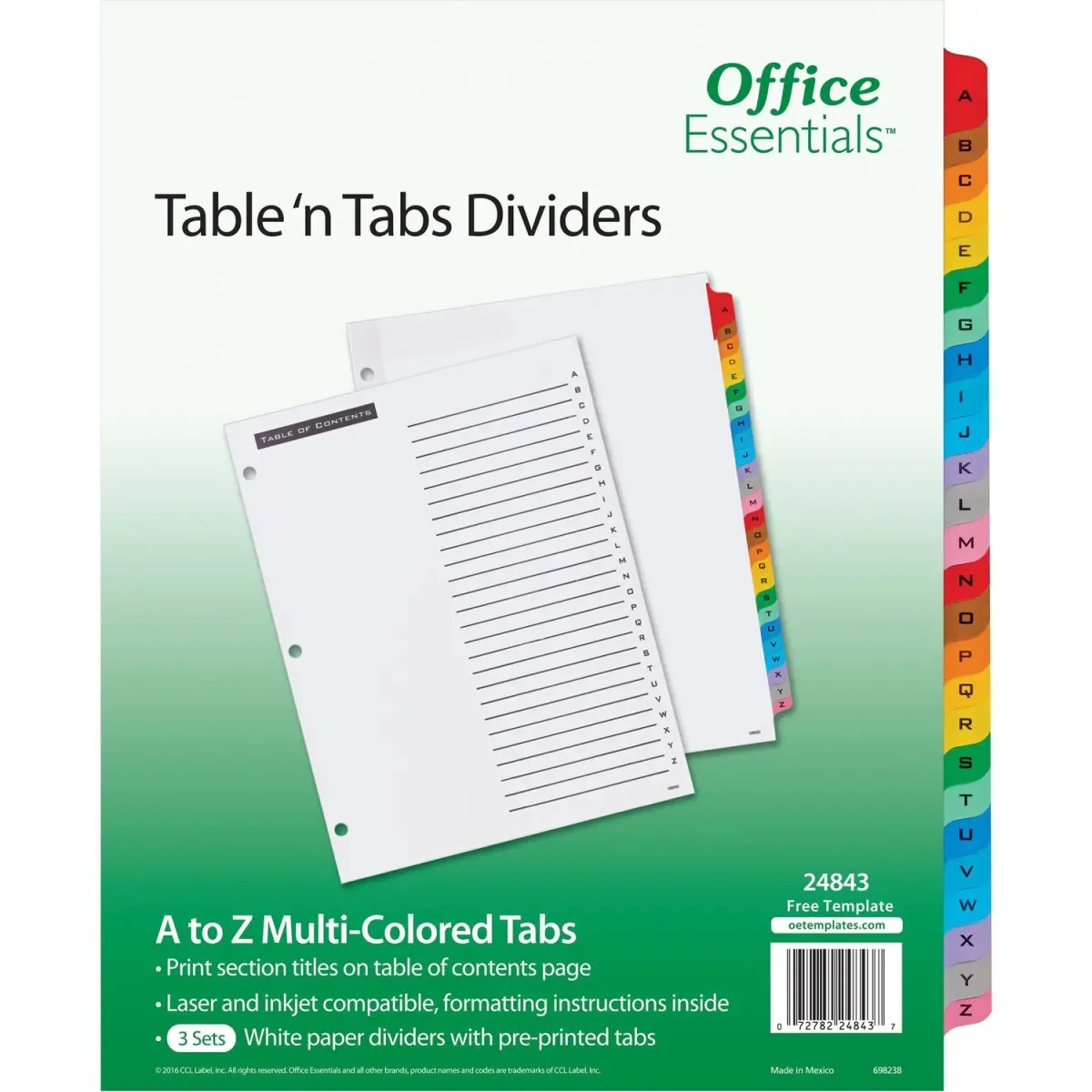 Avery AVE24843 Pre-Printed A-Z OE Tab Dividers, White Hole-Punched Paper, Reinforced Edges, Laser/Inkjet Printable, Multicolor Tabs, Durable 3-Ring Binder Accessories, Customizable for Binder Organization, 3 per Pack, 4 Total Packs