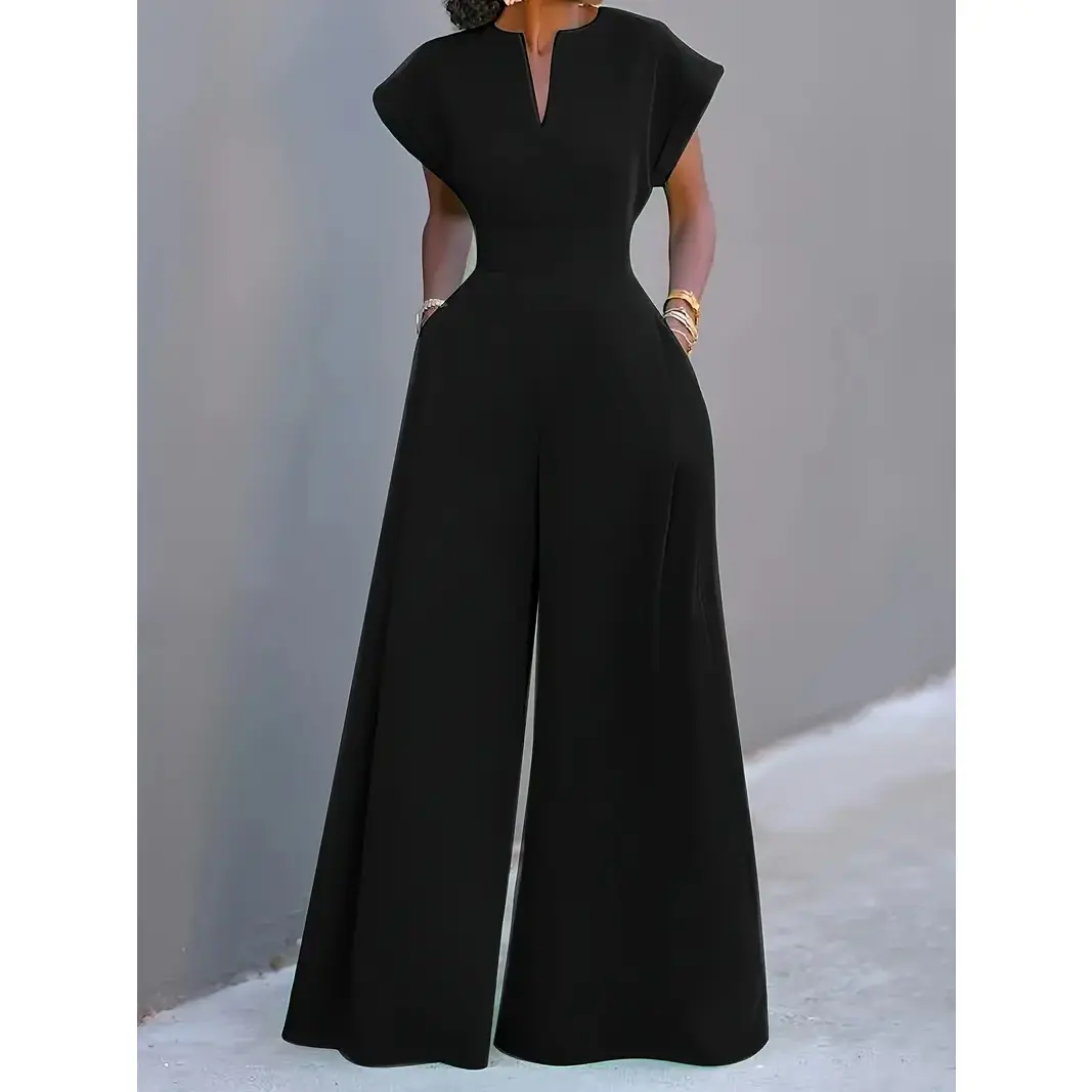 Women's jumpsuit loungewear, solid color short-sleeved V-neck wide-leg jumpsuit, elegant women's fitted trousers, high-end fashion slimming wide-leg trousers with pockets.