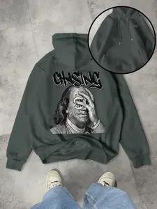 Men's Casual Loose Hooded Sweatshirt, Kangaroo Pocket Drawstring Detail, Franklin Dollar Print, Trendy Long Sleeve Top, Fall & Winter New Arrival