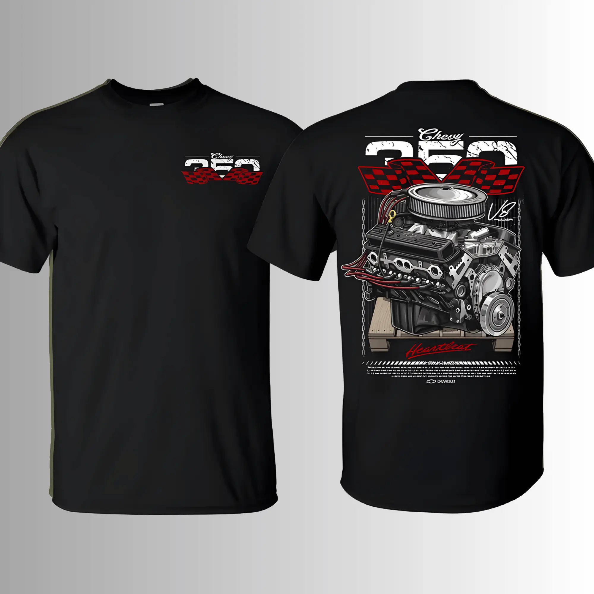 Chevy 350 Small Block V8 T-Shirt, 2 Sides, Heartbeat Engine Mechanic Graphic Tee