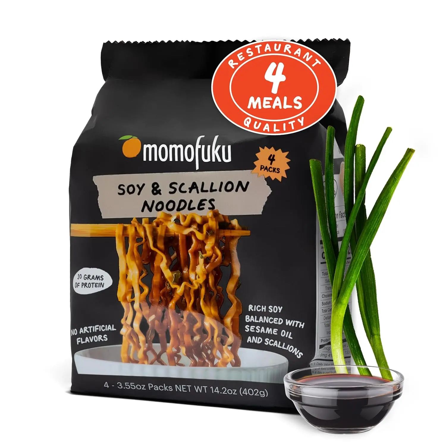 Momofuku Soy & Scallion Ramen Noodles by David Chang, 4 Pack of Restaurant Quality Instant Noodles Now with More Sauce & 10g of Protein