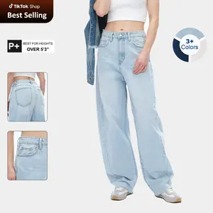 Women's High Waisted Loose Fit Barrel Leg Jeans Rigid Cotton Denim Trousers Horseshoe Style Spring Summer Fashion Basic Minimalist Streetwear Baggy