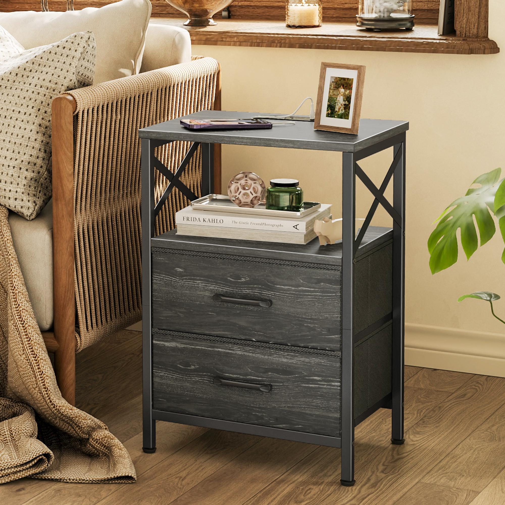 Huuger Night Stand with Charger Station, 2 Drawer Nightstand with Open Shelf, Bed Side Table with USB-C Port, End Table, Compact Size for Small Spaces, X Shaped Side Rail