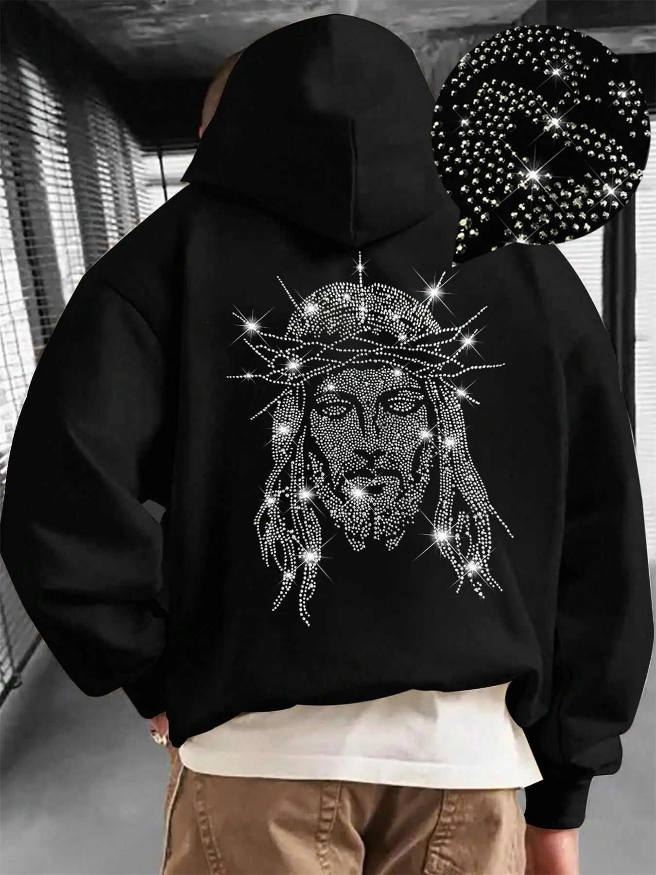 Homme Hooded Fleece Pullover with Jesus Rhinestones, Stylish Comfortable Men's Casual Wear for All Seasons, Ideal for Daily Use, Casual Fashion Streetwear Hoodie Sweatshirt