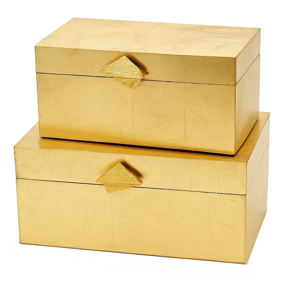 Vintiquewise QI004862.GD 2-Piece Compartmentalization Wooden Storage Box Set - 2 Sizes, Gold Accents, Smooth Finish, Home Organizer for Desk Clutter Tamed, 11.5in W 5.75in L 5.75in H, 3lb, Artful Sculptural Thoughtful Gift