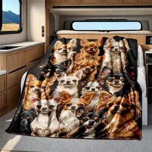 Plush Fannel Chihuahua Pack Flannel Blanket |   Soft, Adorable Chihuahua Print Throw for Cozy Home Decor, Camping, Travel |   All-Season Use, Camping Essentials, Playful Design