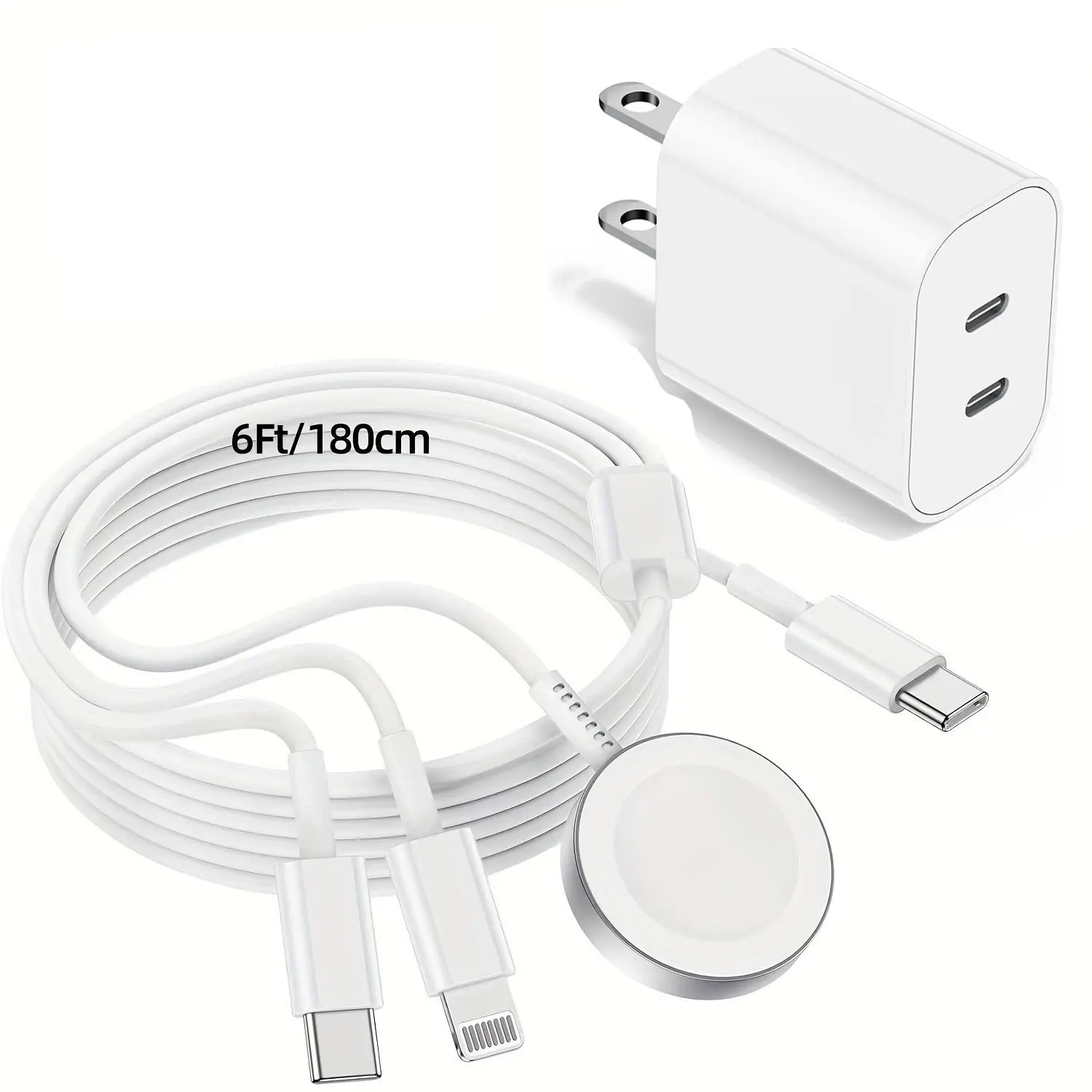 MFi Certified Dual C Ports With iWatch Charging Cable, Magnetic iWatch Charger 6FT Fast Charging Cable USB A Wall Plug Adapter for iWatch Series SE/SE2/9/8/7/6/5/4/3/2/1