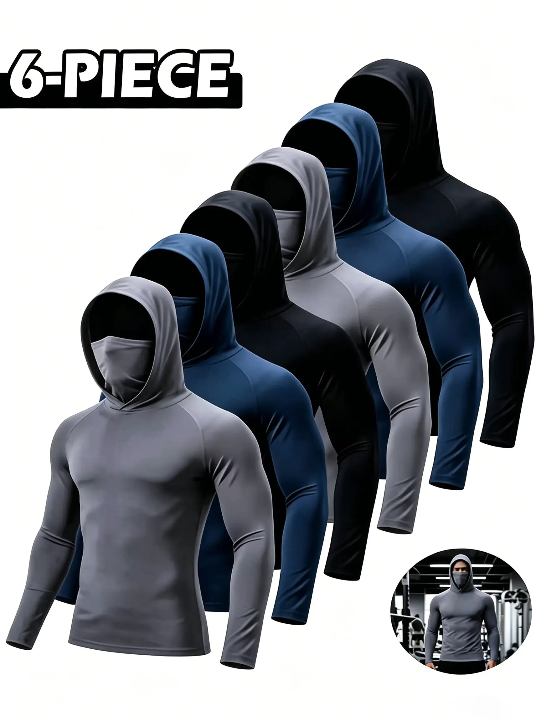 Men's 6-Pack Polyester Plain Pull-On Fitted Long-Sleeve Hooded Workout Shirts with Built-in Hooded Mask, Quick Dry, Anti-Shrink, Multi-Function Athletic Compression Base Layer Tops for Construction Work, Biking