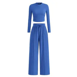 2-piece ribbed knitted long sleeved wide leg pants paired with home wear
