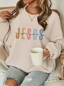 JESUS Casual Letter Pattern Crew Neck Loose Fit Sweatshirt For Women Autumn Winter Fall Grey Cotton Hoodie Breathable Eco-friendly Top Womenswear Fabric