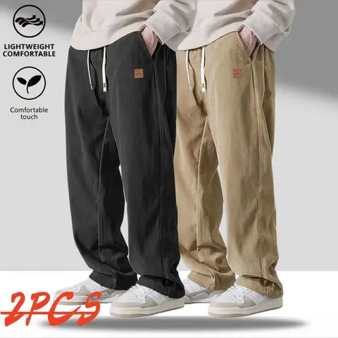 Men's Vintage Corduroy Straight-Leg Pants - Stylish Plain Straight Pants, Casual Comfy, Drawstring Waist, Relaxed Fit, Mesh Breathable, Beige Summervibes Menswear Bottoms