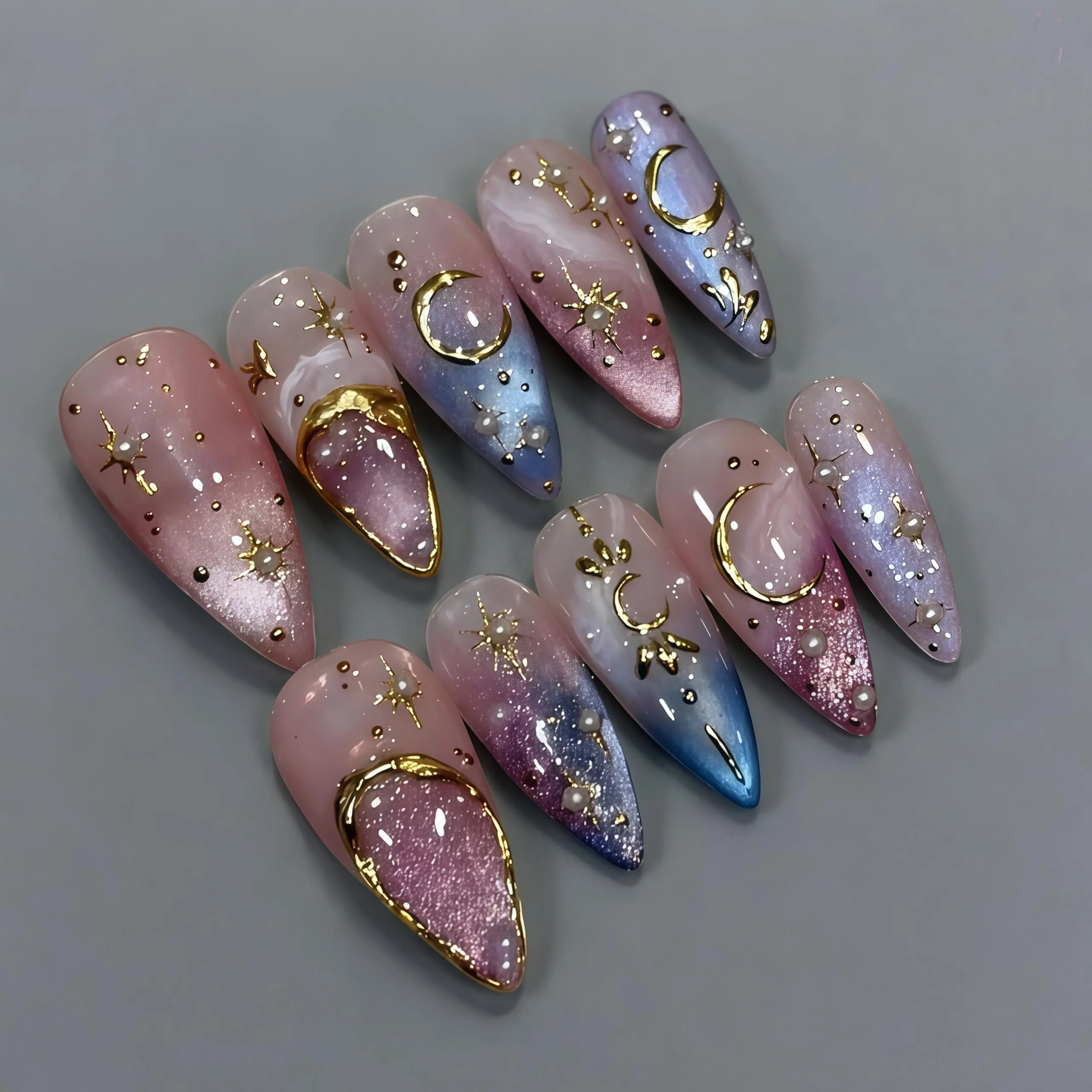 Galaxy Moon Star Press On Nails, Purple Blue Ombre Fake Nails with 3D Gold Charms, Long Almond Cosmic Nail Set, Handmade Party Wear Nails