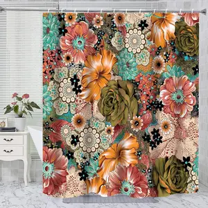Boho Floral Shower Curtains,  Floral Shower Curtain Set,  Fabric Flower Bathroom Curtain, Colorful Floral Boho Shower Curtain with 12 Hooks for Bathroom Decor 72X72 Inch