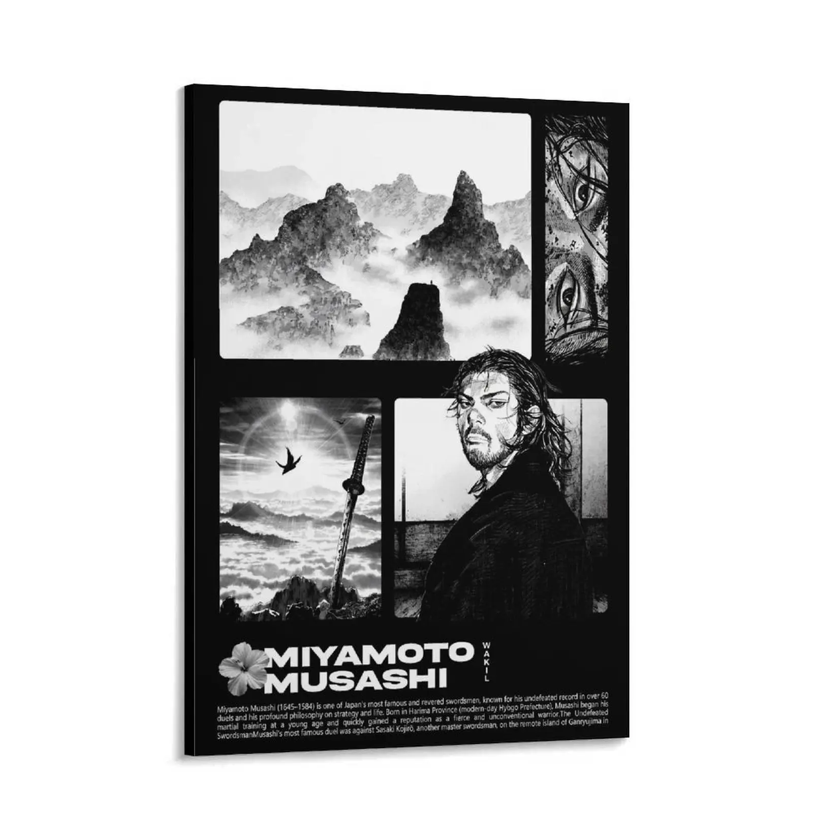Miyamoto Musashi Black-and-White Samurai Wall Picture Decor, Japanese Ink-Style Artistic Decorative Artwork, Manga-Inspired Dark Aesthetic Print for Man Cave, Home Office