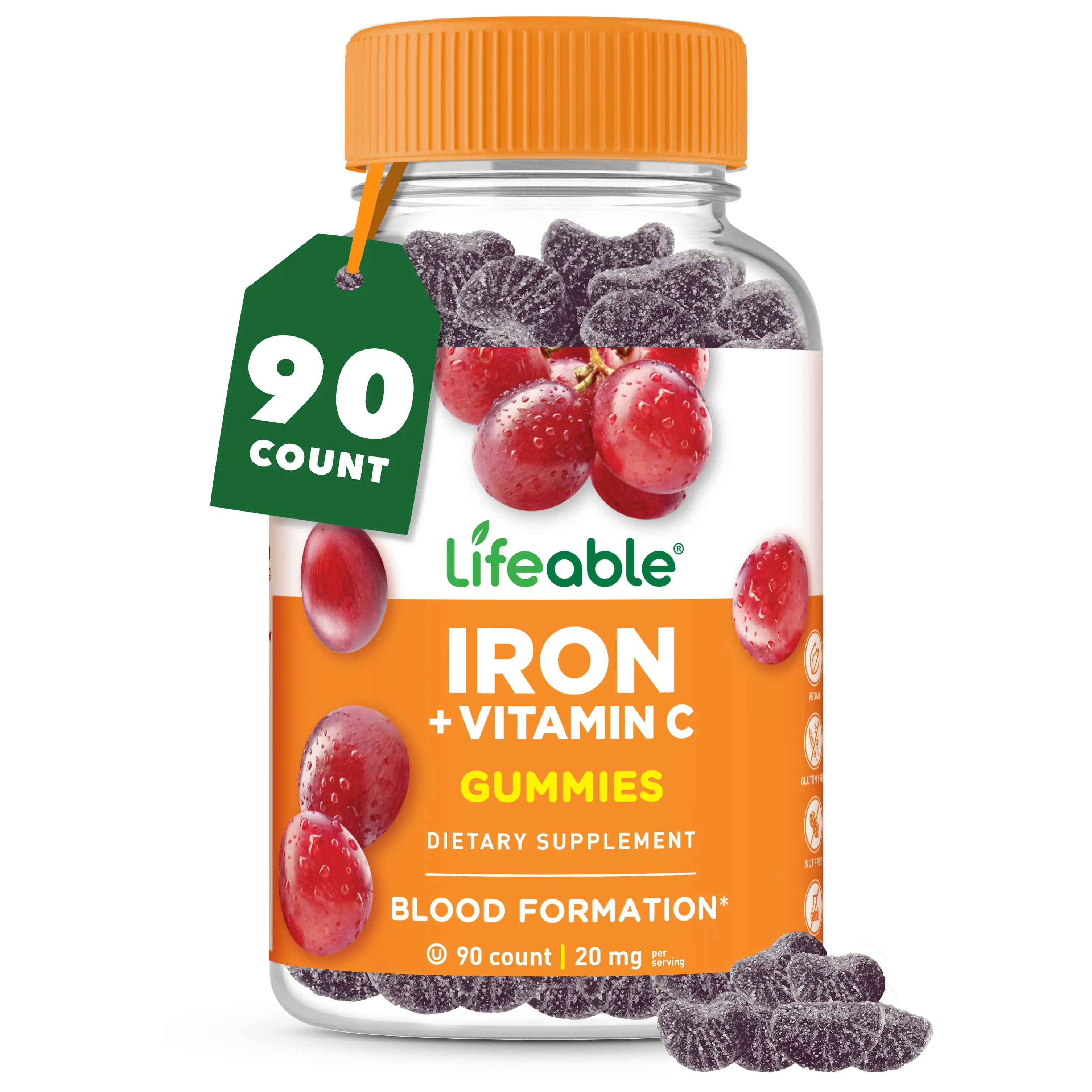 Lifeable Iron Gummies | 20mg | with Vitamin C |  Great Tasting Blood Builder Iron Supplement | Iron with Vitamin C for Iron Deficiency | Iron Gummies for Women, Men, Adults | 90 Gummies