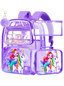 3Pcs Clear Backpack for girls, 16" Mermaid Unicorn Transparent Bookbag, Large See Through PVC School Backpacks with Lunch Box(Purple)
