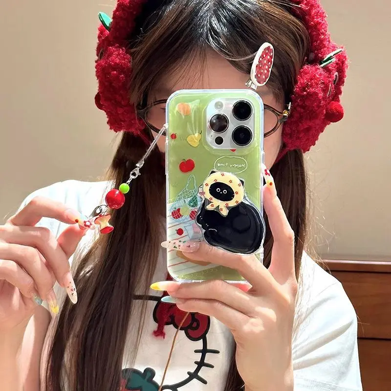 Crystal Clear Light Ind Picnic Cat Phone Case with Stand and Lanyard Phone Shell, Compatible with Apple Series 17/16/15/14/13/12/11