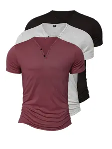 3-Pack Men's Lightweight Breathable V-Neck Henley Short Sleeve T-Shirt, Solid Color Button Decor, Sporty Slim Fit, Ideal for Running & Outdoor Activities, Gym Muscle Shirts