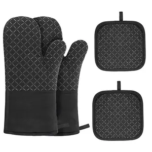 Heat Resistant Kitchen Oven Mitts and Pot Holders Set - Non-Slip Silicone, Extra Long Flexible Thick Mitts for Cooking, Baking, BBQ - Black, 4 Pieces Bakeware Hanging