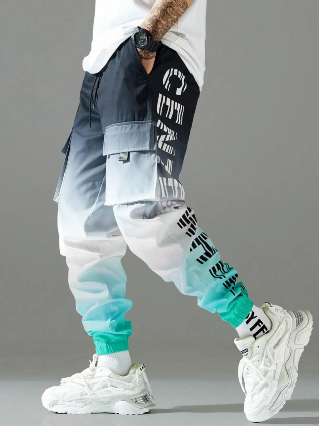 Men’s Gradient Cargo Joggers - Color Block, Bold Letter Print, Street Casual, Graphic, Casual Comfy, Activewear Pants - Men's Wear for Edgy Streetwear, Festival Outfits, Street Casual Joggers
