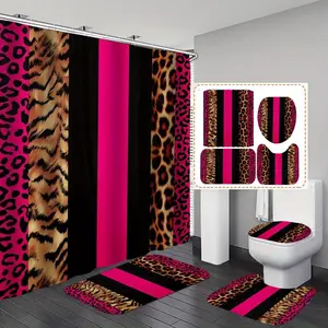 1/3/4 pc set, black pink striped pink leopard print shower curtain set, including bathroom non-slip pad, toilet U-shaped pad, toilet cover cover, holiday decoration bathroom accessories, with 12 hooks, home bathroom decoration