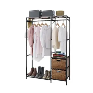 Acacia Wood Garment Racks with Shelves 2 Wicker Drawers and 4 Hooks Heavy Duty Closet Organizer for Hanging Clothes, Freestanding Closet Wardrobe Rack, Vintage Brown