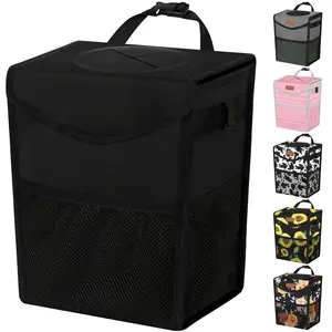 Trash Can with Lid, Cute Leakproof  Trash Garbage Bag Hanging  Trash Bin Small Portable Automotive Garbage Cans Organizer for /Front Seat/Console(Trapezoid,Black)