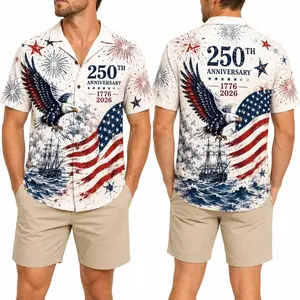 250th Anniversary of America Patriotic Hawaiian Shirt Men Four Way Stretch Breathable Tropical Print Summer Beach Casual Short Sleeve Shirt USA Independence Day Festive Outfit Gift for Him