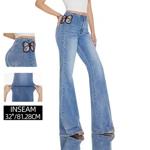 CANANA Stylish High Waist Stretch Flared Jeans for Women Mid Blue Wash Hollowed Butterfly Embroidery Bootcut Pants Streetwear Retro Slimming Full Length Denim Trousers