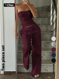 Women's High-End Plain Slim Fit Tank Top & Drawstring Wide Leg Pants Set, Comfortable Casual Elastic, Perfect for Daily Wear