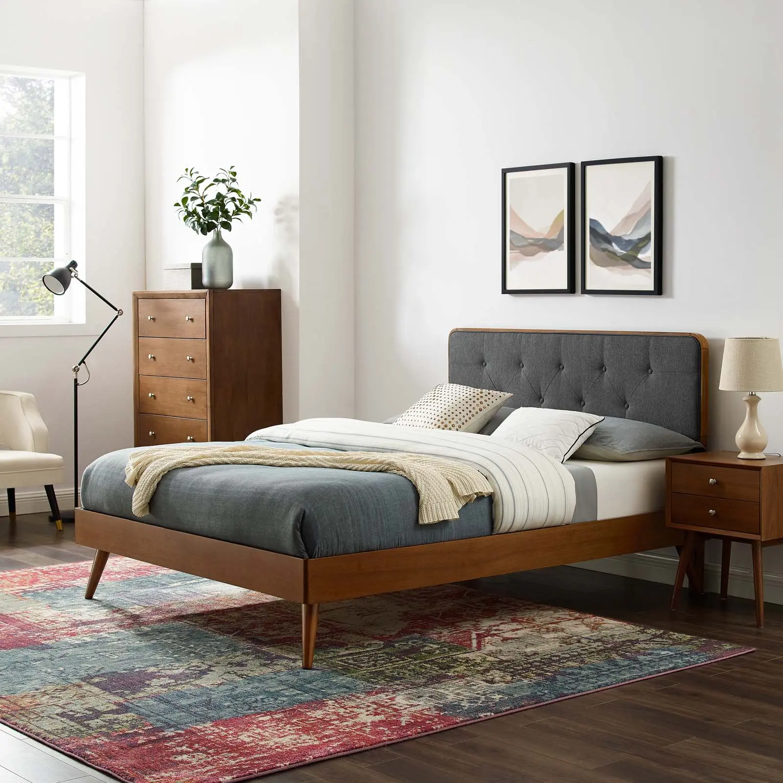 Modway Bridgette Twin Wood Platform Bed With Splayed Legs in Walnut Charcoal