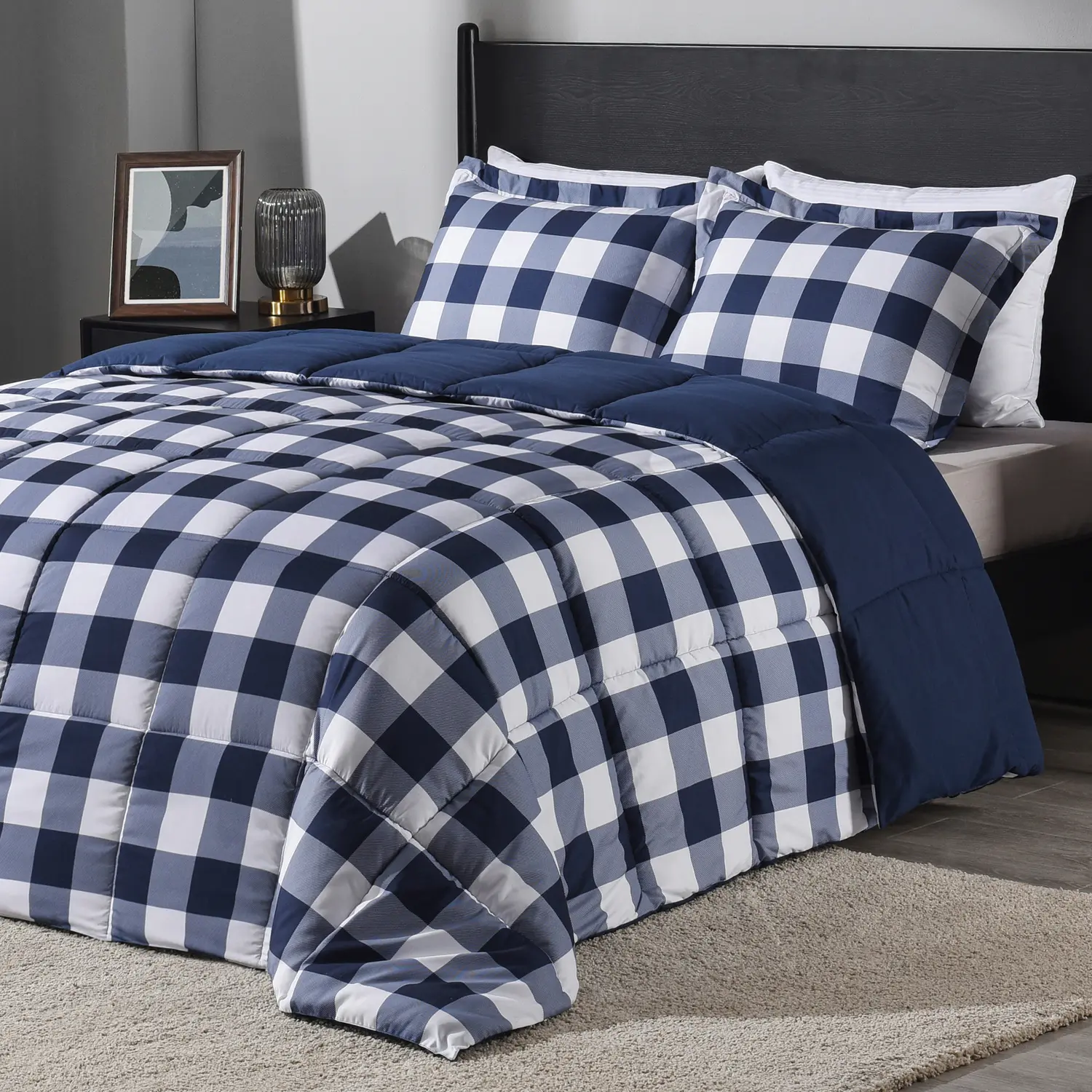 【Back to School】Downluxe Lightweight Plaid Comforter Set, Down Alternative Reversible Comforter, Breathable And Comfortable
