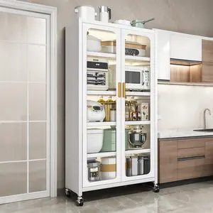 65" Kitchen Pantry Storage Cabinet, 6 Tier Metal Display Storage Cabinet with Transparent Door, Adjustable Shelves & Wheels, Food Pantries Cabinets, for Kitchen, Living Room and Dining Room, White