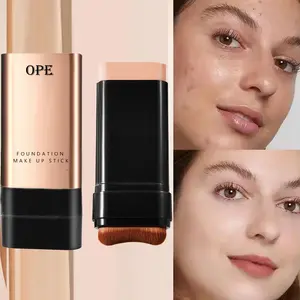 Dual-ended Foundation Stick with  Brush, Full Coverage Buildable Cream Foundation, Waterproof Long-lasting Smudge-proof Foundation for Flawless Base, All Skin Types Friendly