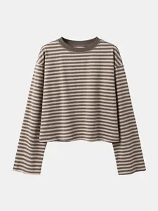 Women's Minimalist Striped Casual Long Sleeve Sweatshirt Top, Loose-Fit Knit Fabric, All-Seasons Wear, Moderate Thickness