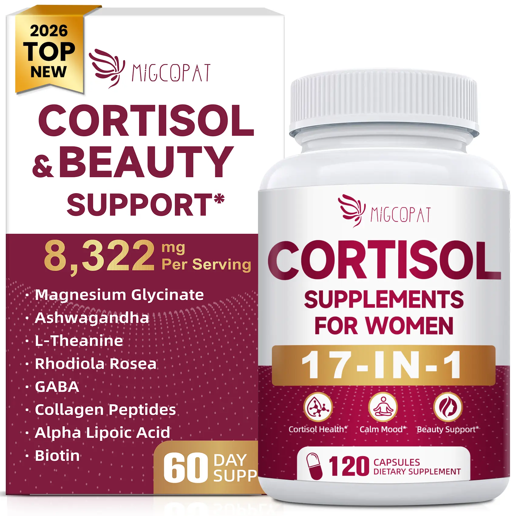 Migcopat 17-in-1 Cortisol Supplements for Women, 8322mg with Collagen, Magnesium Glycinate, Ashwagandha, L-Theanine , Helps regulate sleep, Cortisol Reducer for Women- 120 Capsules
