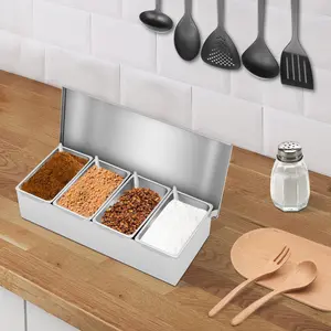 4 Slots Condiment Jars Stainless Steel Condiment Carrier Rectangular Countertop Holder for Sauce Ingredients Seasoning Organizer Box for Kitchen w/4 Spoons, 14.96" x 6.69" x 3.74"