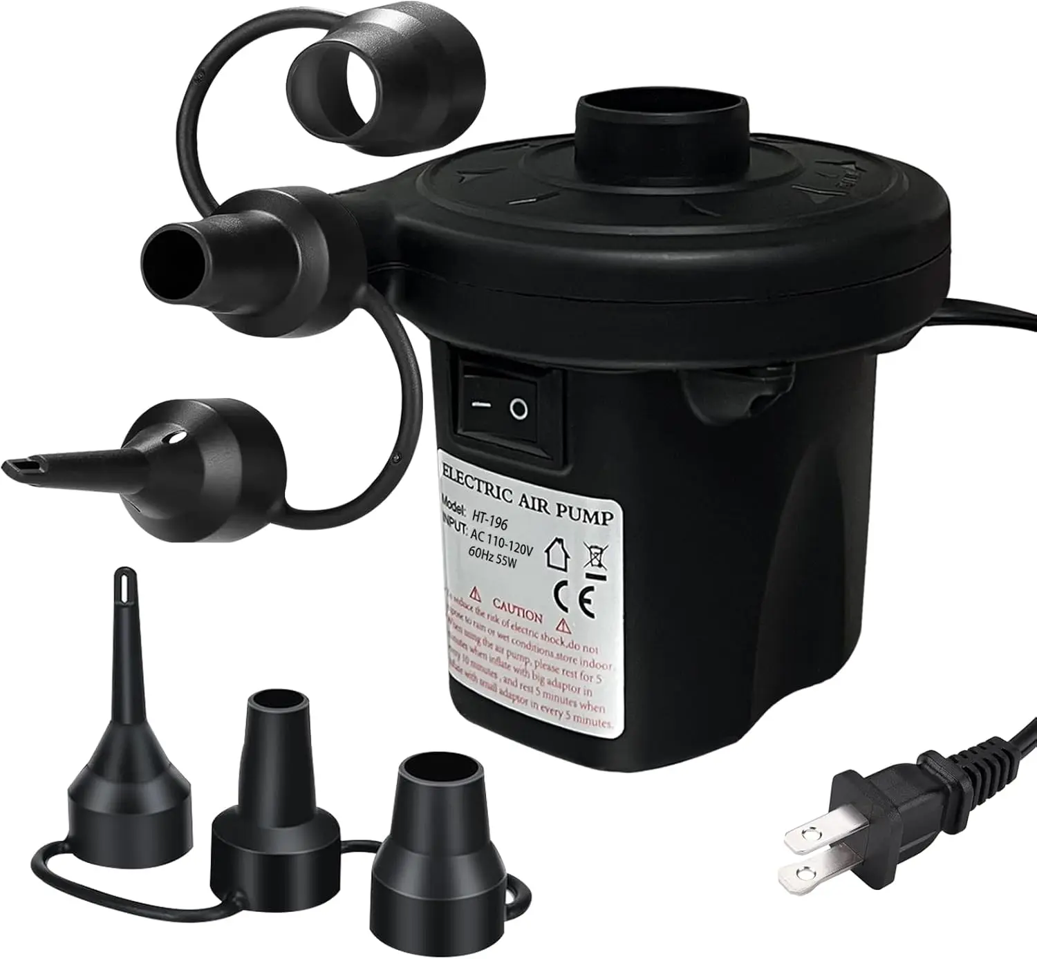 Electric Air Pump for Inflatables, 110V Quick-Fill Air Mattress Pump with Inflate & Deflate Function, 3 Nozzles Portable Electric Pump for Pool Floats, Air Couch, Boat, Mattress, Toys & Camping Gear (Black)