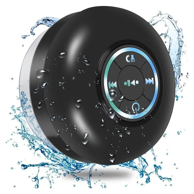 Mini Bluetooth shower speaker with LED lights, portable IPX4 waterproof, hands-free calling function.Rechargeable via Micro USB, wireless stereo speaker perfect for beach, shower and home use.