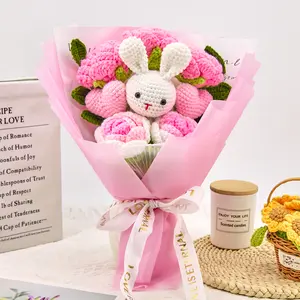 Mother’s Day Gift, Handmade Crochet Flower Bouquet with Cute Crochet Bunny & Pink Flowers, Graduation Gift, Birthday, Anniversary Gift for Her, Girlfriend, Kids, Friend, Includes Greeting Card, 35cm Wrapped Gift, Decorative Plants, Ideal for Easter