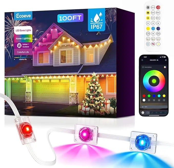 Smart RGB+IC LED Permanent Outdoor String Lights, 100ft Bluetooth Color Changing Lights with 16M Colors, 50 Scene Modes, IP67 Waterproof, App/Remote Control for Christmas Wedding Decor