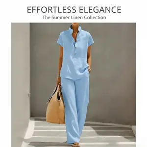 Women's 2026 Solid Color 2-Piece Casual Lazy-Style Set - Short-Sleeved Cardigan & Trousers