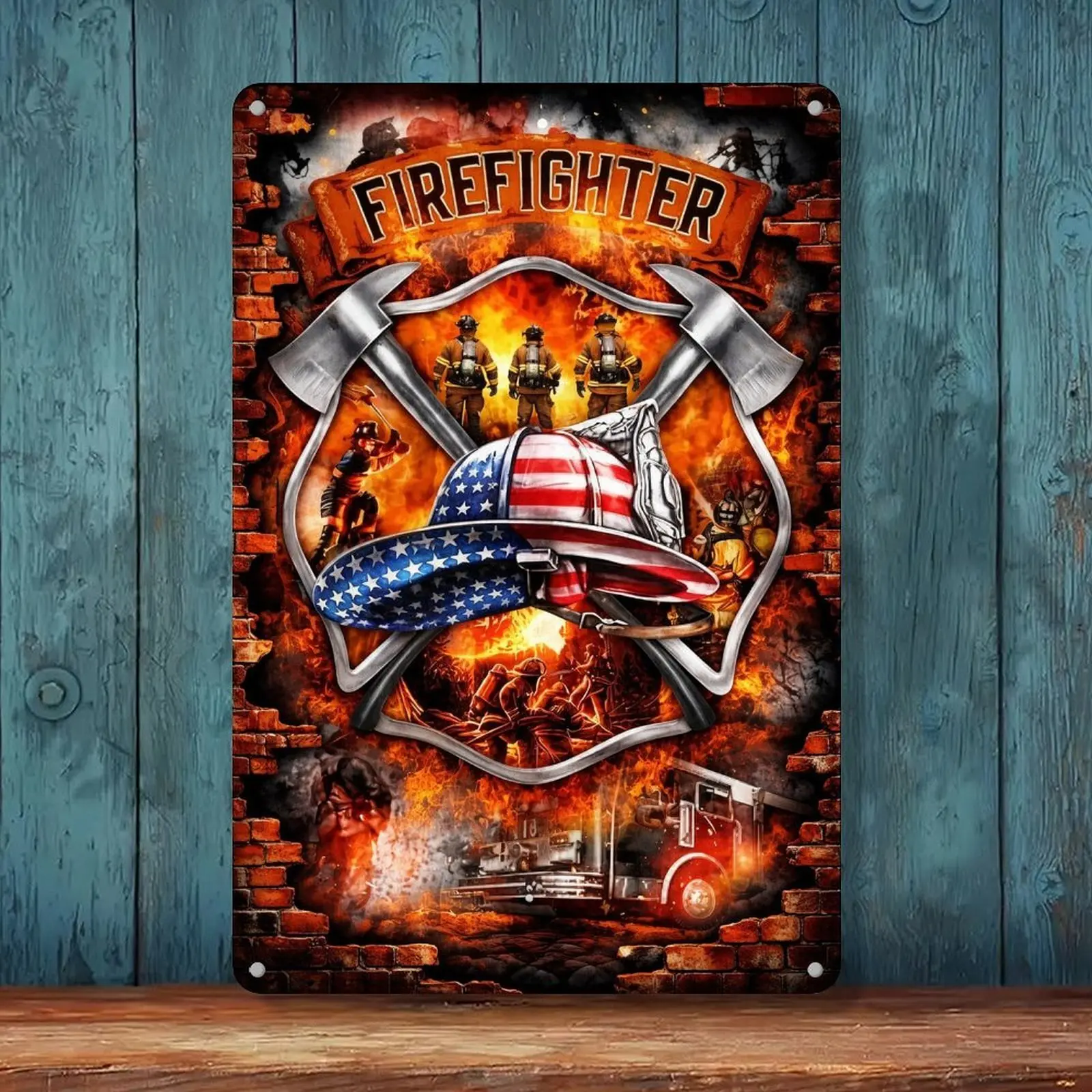 12x8in Aluminum Metal Sign, American Firefighter Wall Decor, Wall Hang for Fire Stations & Man Caves, Unique Gift
