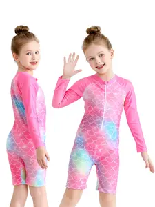 Girls' One-Piece Swimsuit Long Sleeve Surfing Suit, UV Protection Swimwear, Fish Scale Pattern Front Zipper, Swimming Costume
