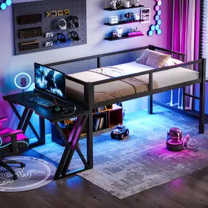 [Bellemave] Twin XL Gaming Low Loft Bed with Desk of X-Shaped Leg ,LED Lights, USB Ports, Staircase & Mesh Guardrail, Space-Saving Elevated Bed for Dorms, Bedrooms, & Gaming Setups