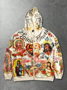 Vintage Saint Tears Religious Full Print Zip Hoodie, American Streetwear Distressed Jesus & Mary Print, Loose-Fitting Fall&winter Sweatshirt