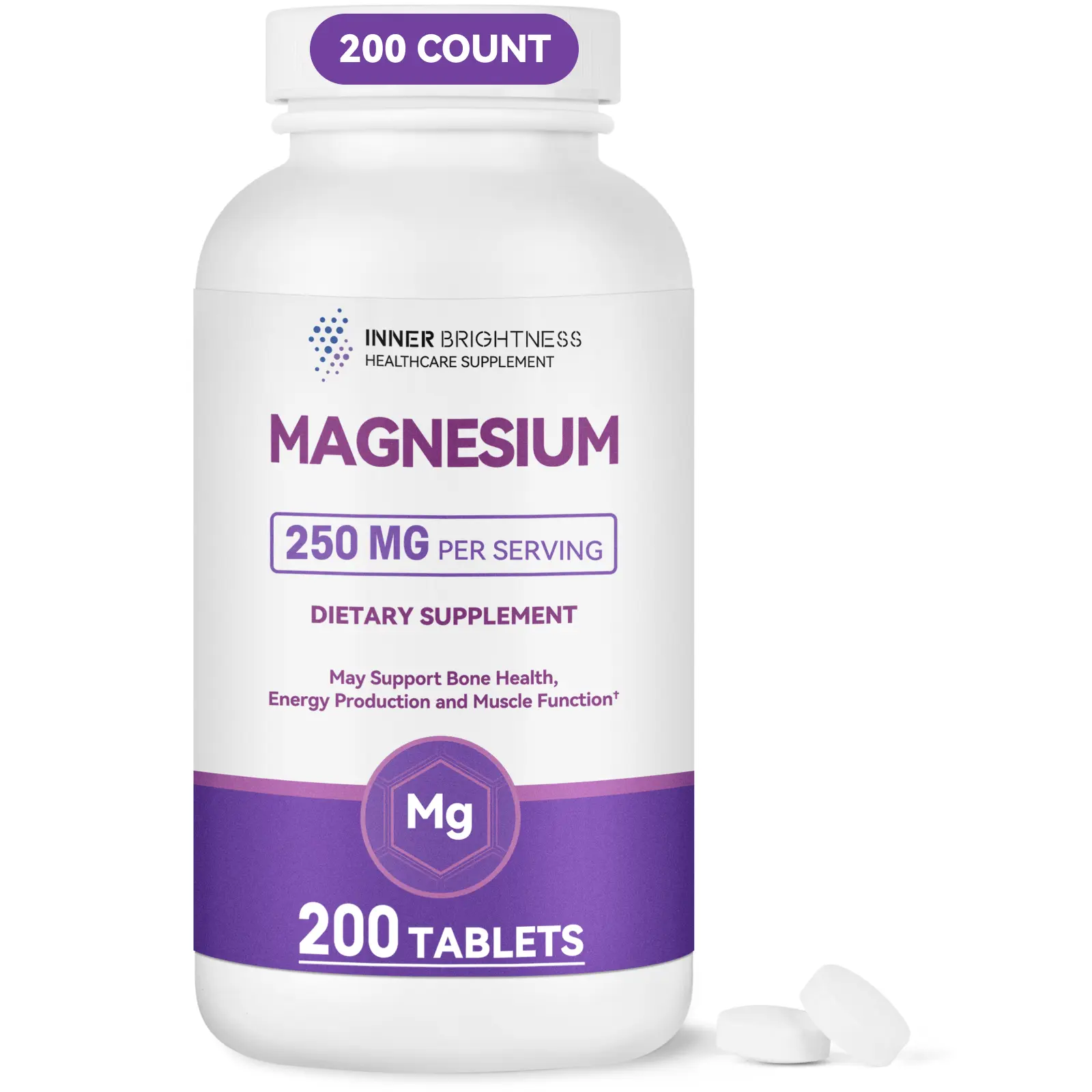 Magnesium Supplement, Inner Brightness Magnesium Oxide 250 mg, Calcium Magnesium Supplement for Bone, Muscles, Calm Mood & Sleep Support, 200 Tablets, 200 Day Supply